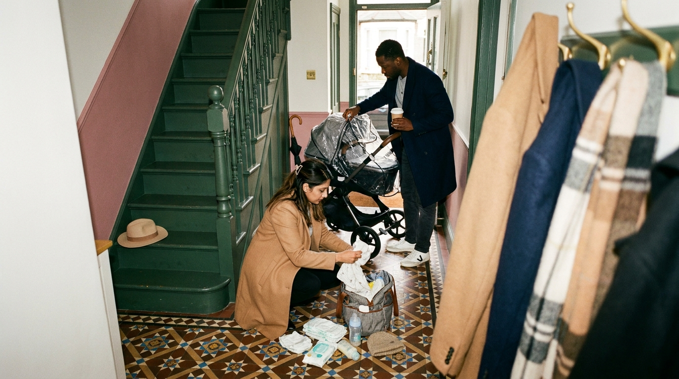 Two parents packing a changing bag in the hallway by the front door, pram at the ready
